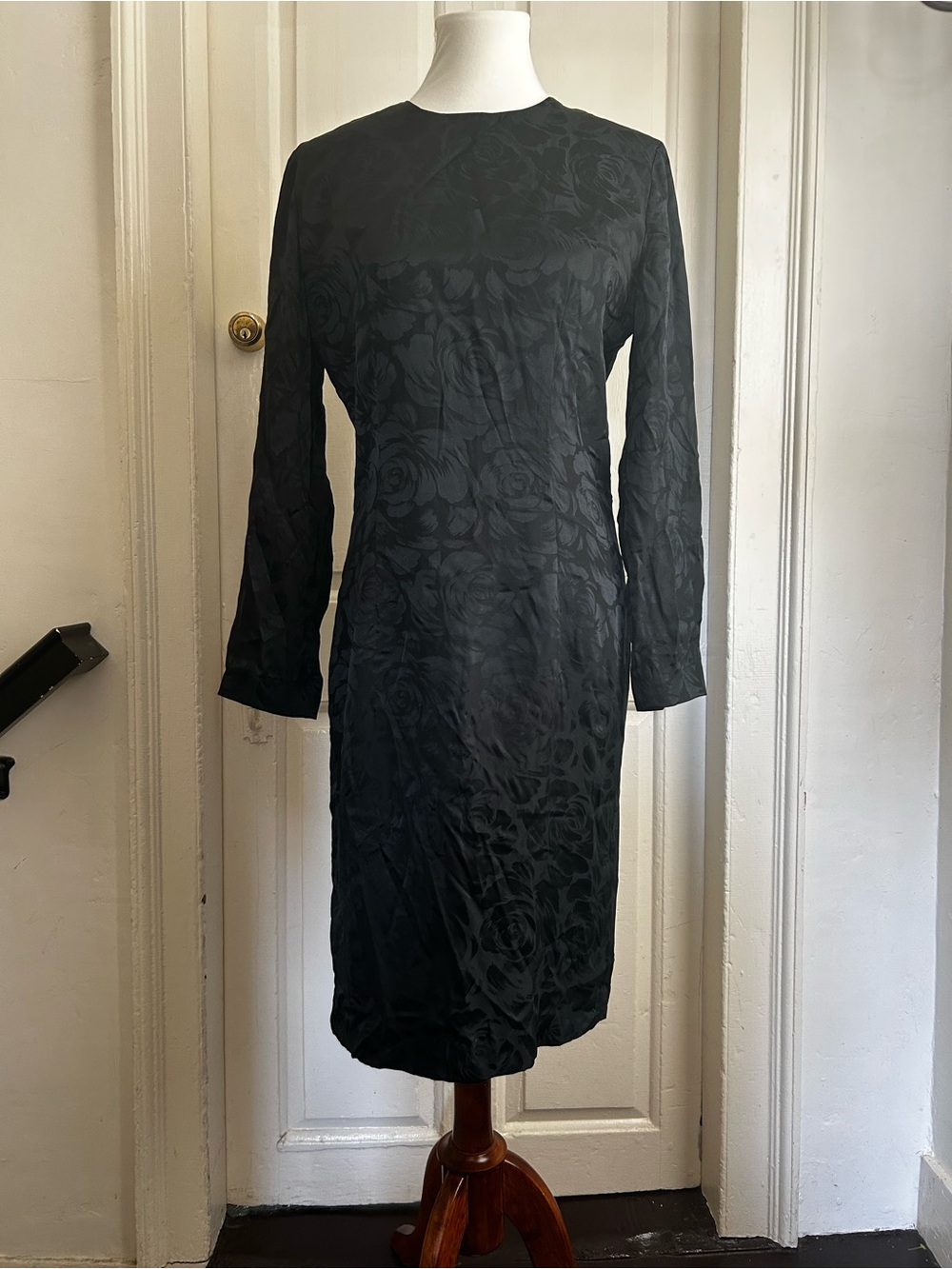 Vintage Anne Crimmins Black 100% Silk Floral Jacquard Sheath Midi Dress Size 10